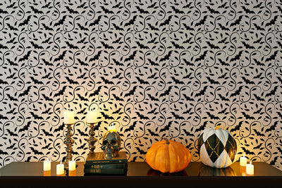 Halloween wallpaper spooky black bats on white Peel and Stick, pre-pasted Removable Halloween wall decor design #3177