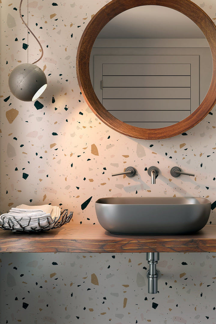 White Terrazzo Wallpaper Peel and Stick bathroom