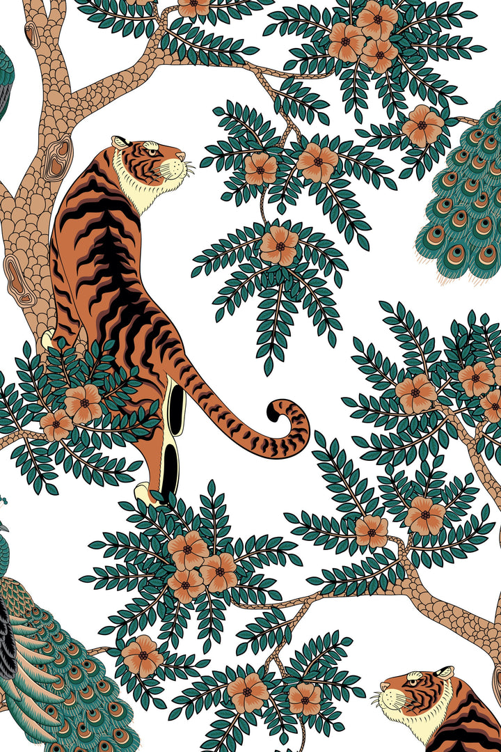 Tiger and Peacock in woods Wallcovering - Peel & Stick Wallpaper - Removable Self Adhesive Wallpaper Roll pattern wallpaper design#3145