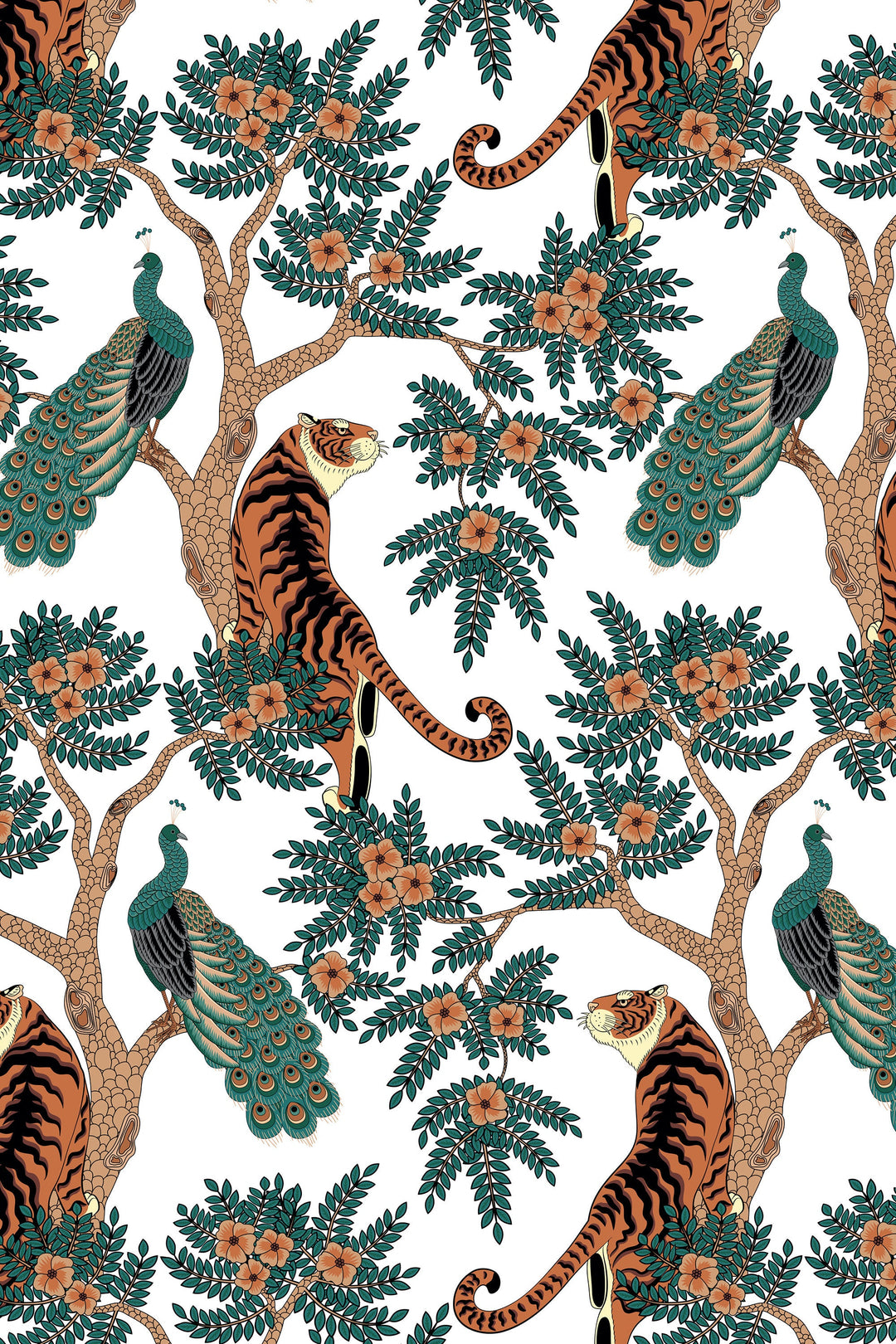 Tiger and Peacock in woods Wallcovering - Peel & Stick Wallpaper - Removable Self Adhesive Wallpaper Roll pattern wallpaper design#3145