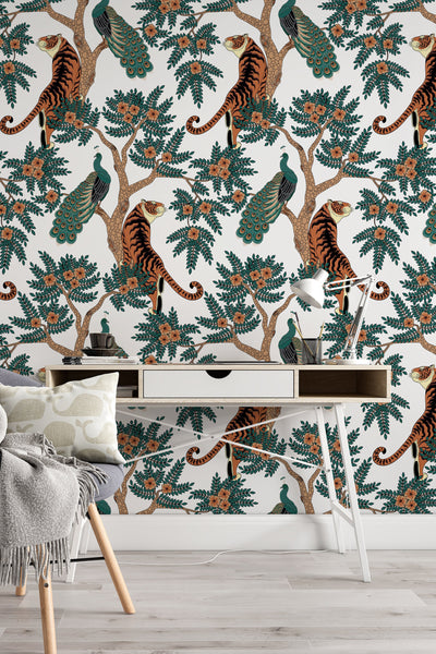 Tiger and Peacock in woods Wallcovering - Peel & Stick Wallpaper - Removable Self Adhesive Wallpaper Roll pattern wallpaper design#3145