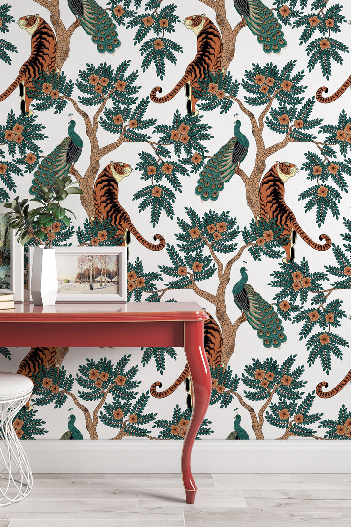 Tiger and Peacock in woods Wallcovering - Peel & Stick Wallpaper - Removable Self Adhesive Wallpaper Roll pattern wallpaper design#3145