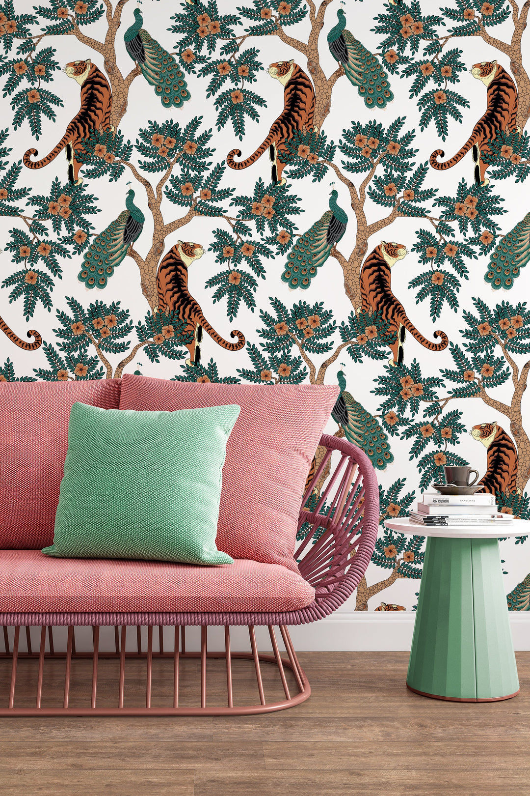 Tiger and Peacock in woods Wallcovering - Peel & Stick Wallpaper - Removable Self Adhesive Wallpaper Roll pattern wallpaper design#3145