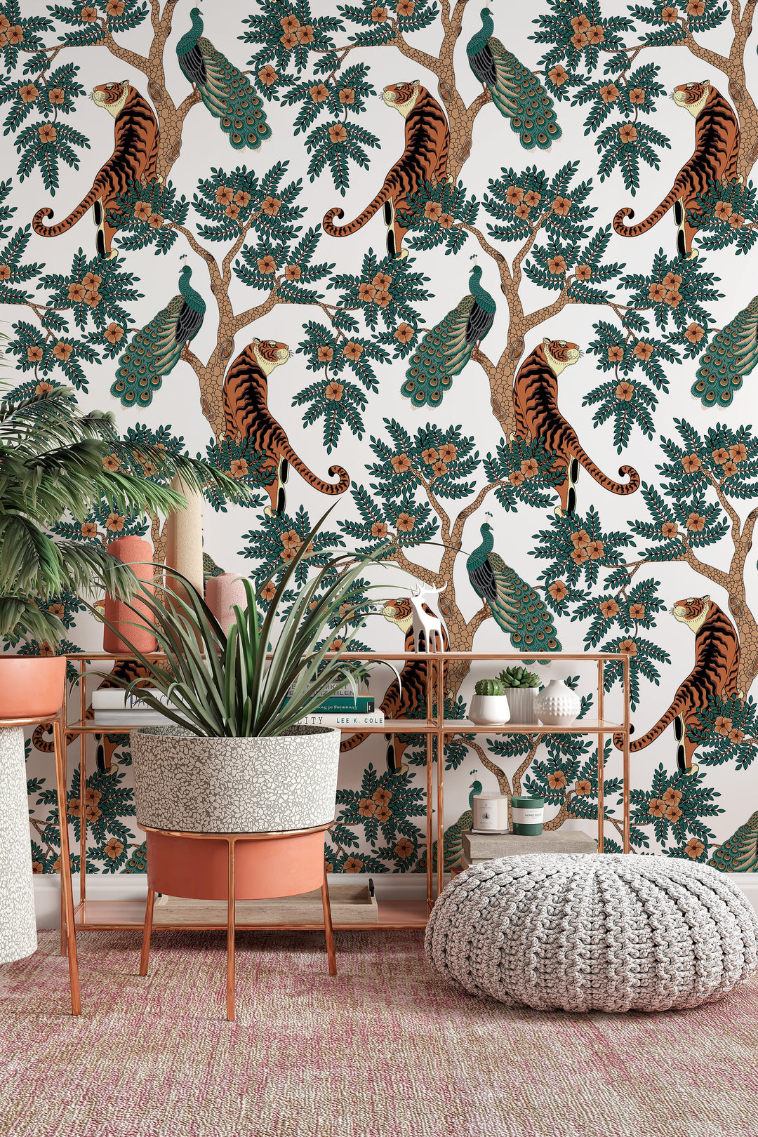 Tiger and Peacock in woods Wallcovering - Peel & Stick Wallpaper - Removable Self Adhesive Wallpaper Roll pattern wallpaper design#3145