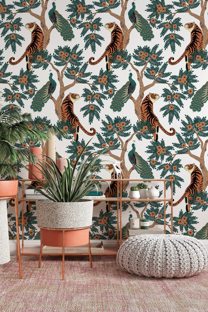 Tiger and Peacock in woods Wallcovering - Peel & Stick Wallpaper - Removable Self Adhesive Wallpaper Roll pattern wallpaper design#3145