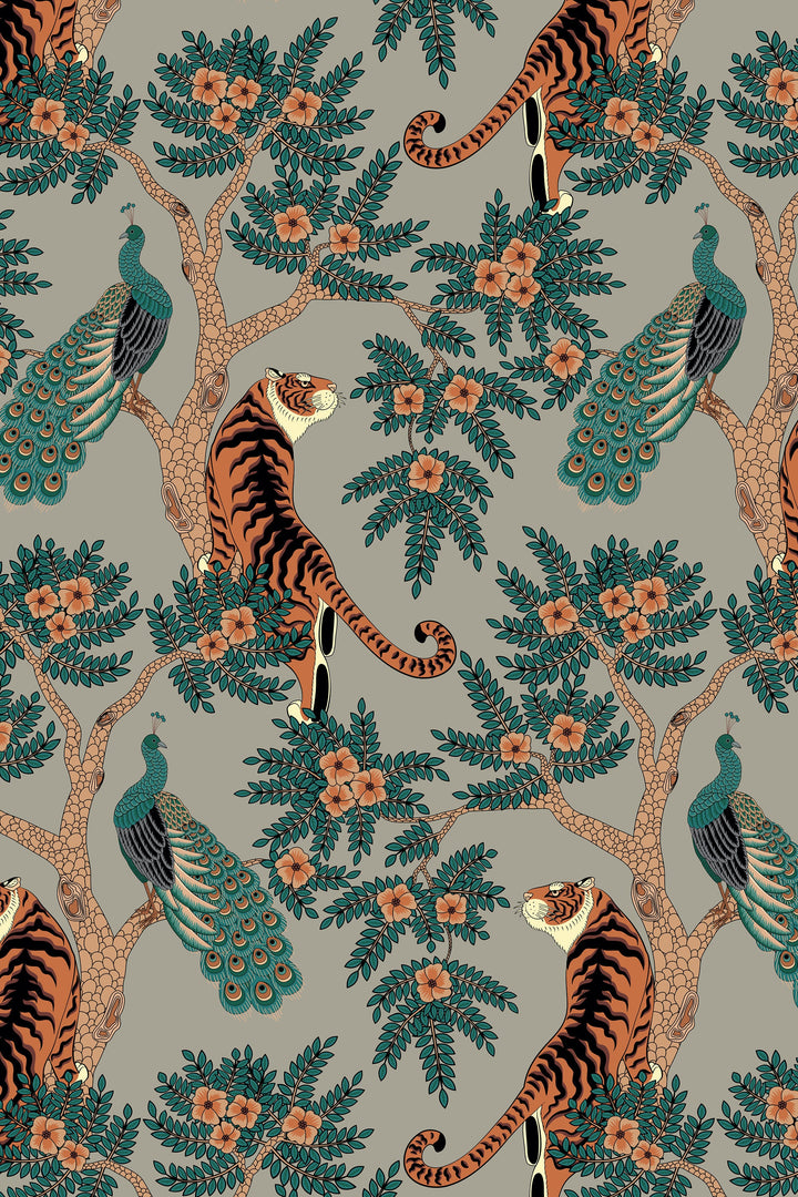 Tiger and Peacock in woods on gray background - Peel & Stick Wallpaper - Removable Self Adhesive Wallpaper design #3147