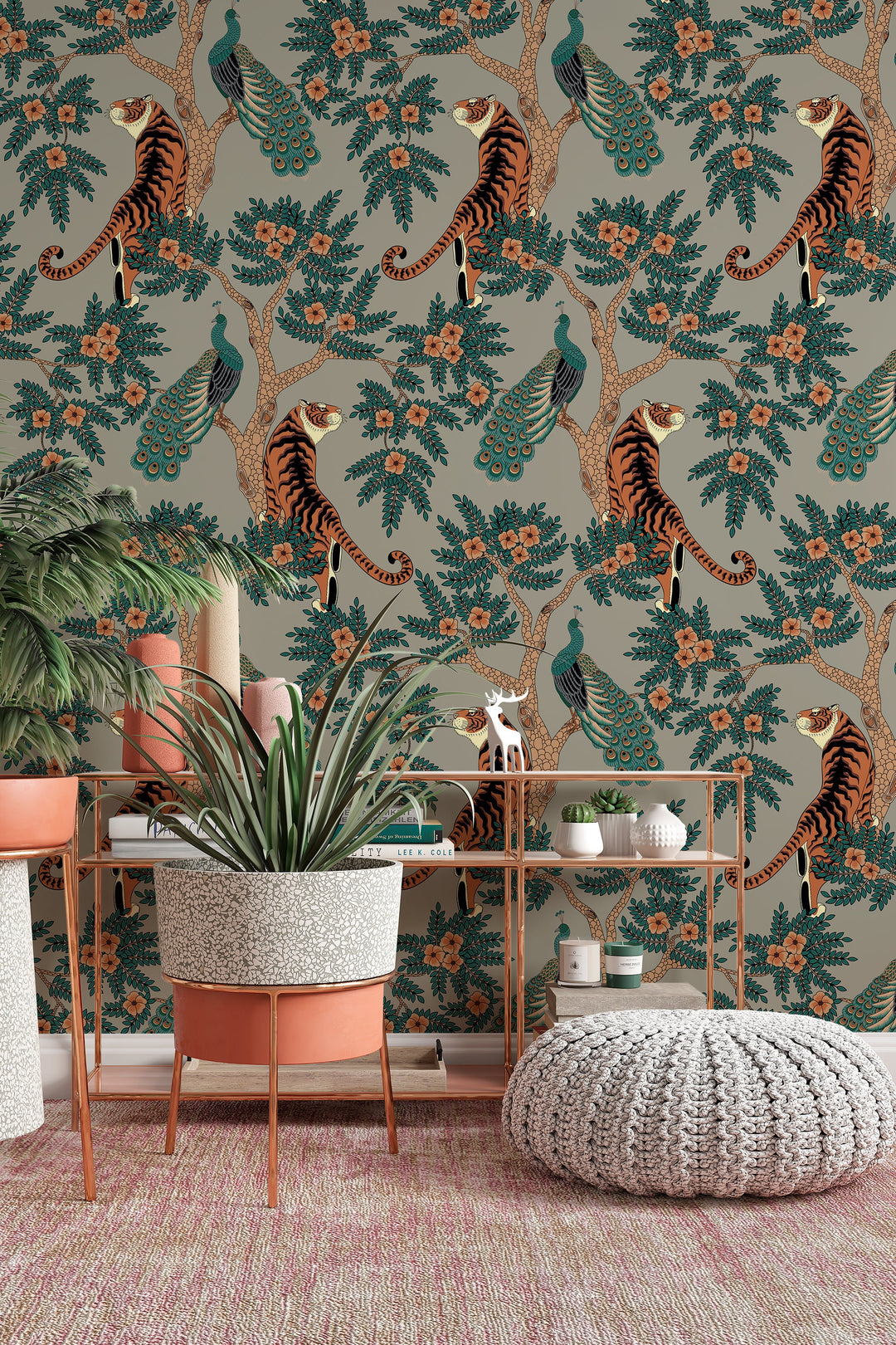 Tiger and Peacock in woods on gray background - Peel & Stick Wallpaper - Removable Self Adhesive Wallpaper design #3147