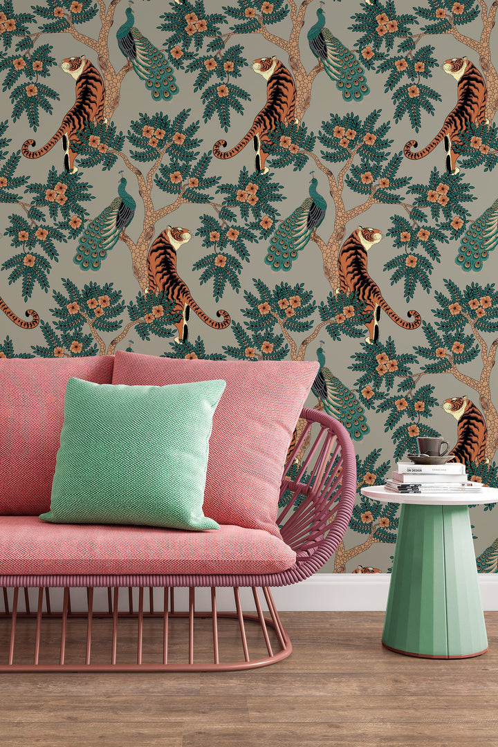 Tiger and Peacock in woods on gray background - Peel & Stick Wallpaper - Removable Self Adhesive Wallpaper design #3147