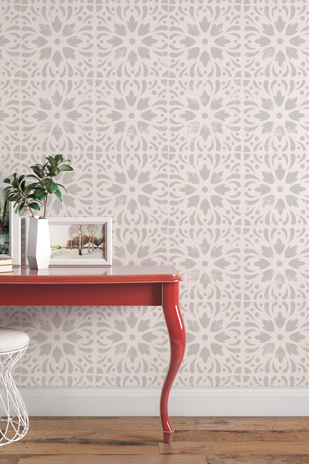 Boho Design gray floral stamps on beige Wallcovering Canvas Peel & Stick  - Removable Self Adhesive wallpaper #3180