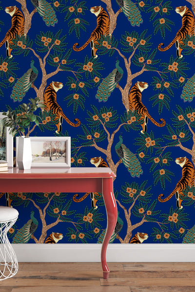 Tiger and Peacock in the woods on blue background wallpaper, tropical