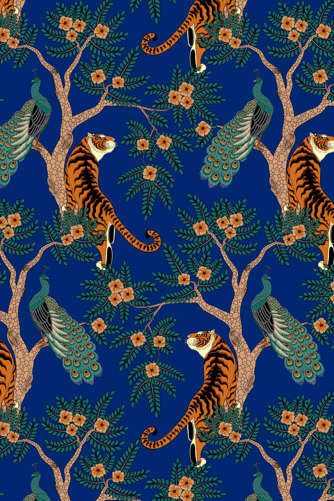 Tiger and Peacock in the woods on blue background - Peel & Stick Wallpaper - Removable Self Adhesive and traditional wallpaper #3182