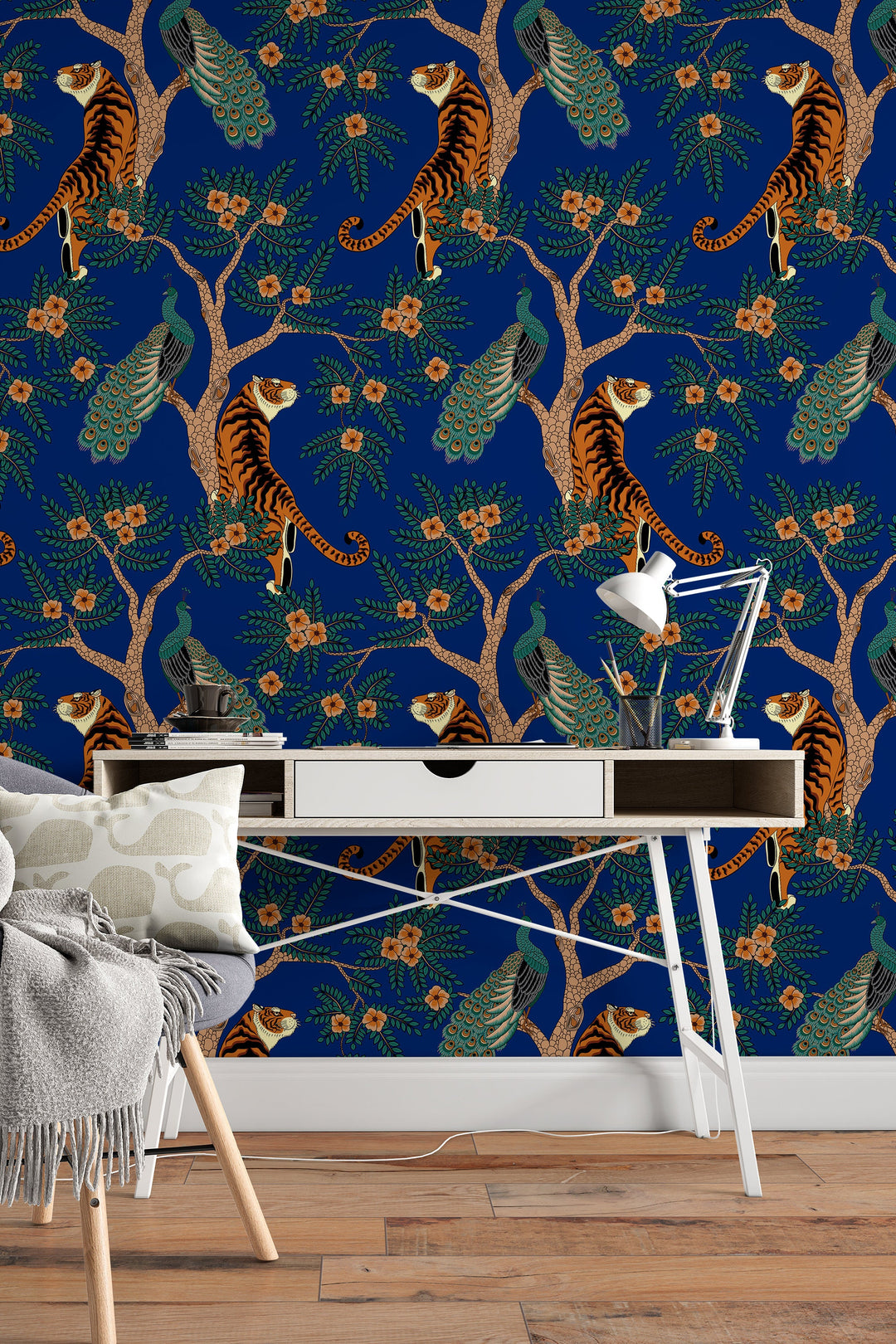 Tiger and Peacock in the woods on blue background - Peel & Stick Wallpaper - Removable Self Adhesive and traditional wallpaper #3182