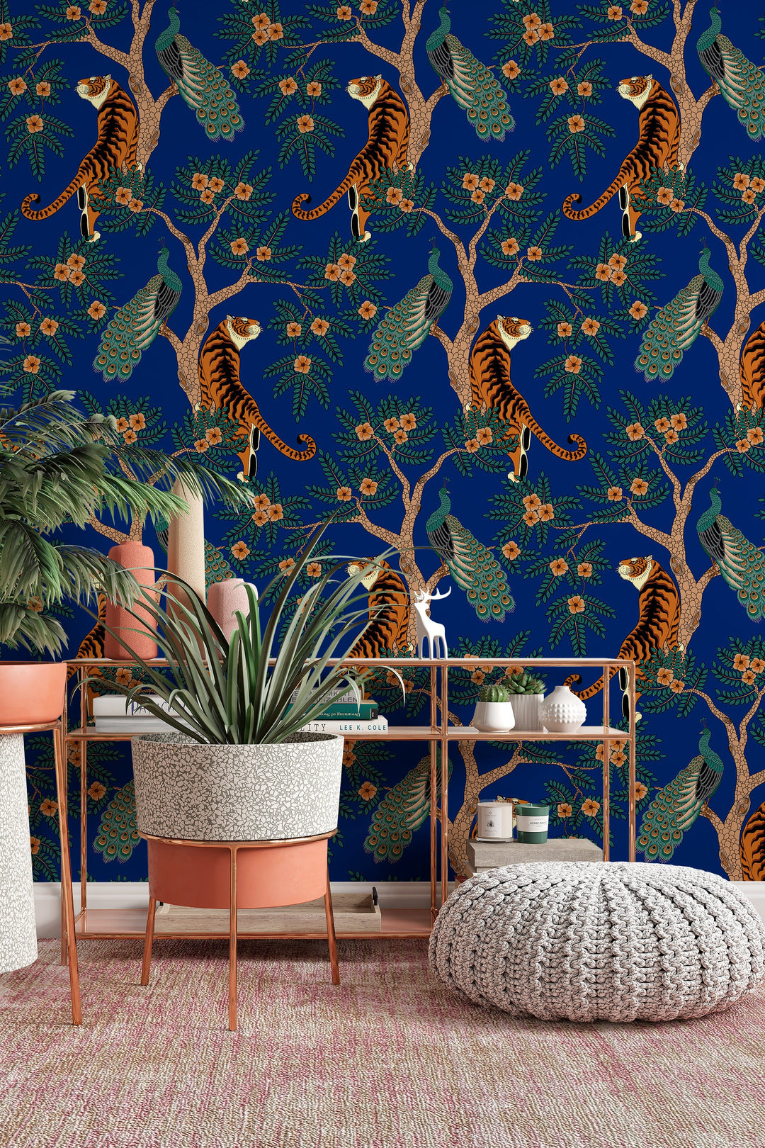 Tiger and Peacock in the woods on blue background - Peel & Stick Wallpaper - Removable Self Adhesive and traditional wallpaper #3182