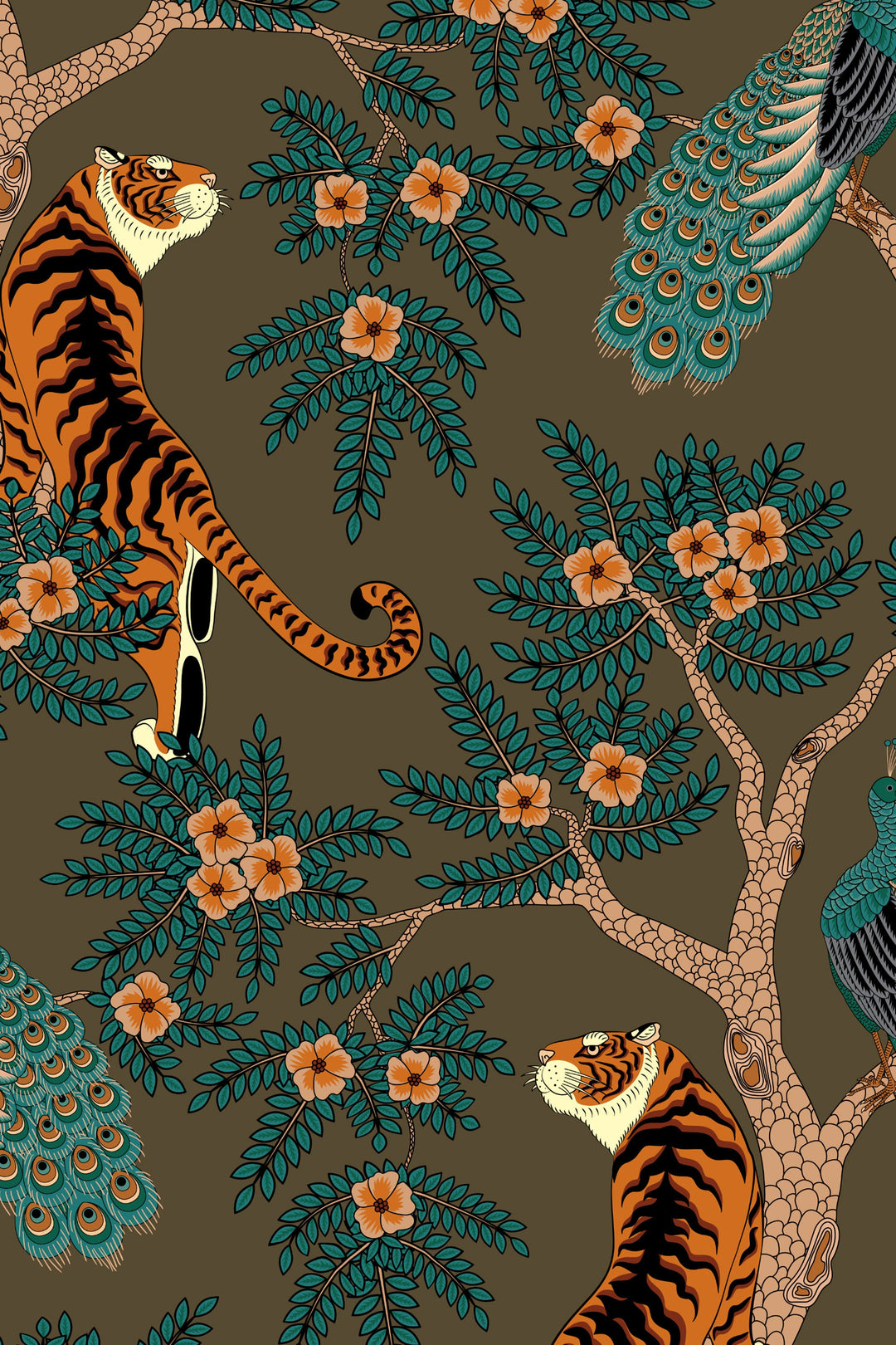 Tiger and Peacock in woods on brown background - Peel & Stick Wallpaper - Removable Self Adhesive and pre-pasted wallpaper #3184