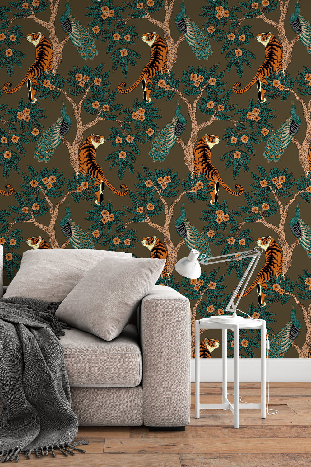 Tiger and Peacock in woods on brown background - Peel & Stick Wallpaper - Removable Self Adhesive and pre-pasted wallpaper #3184