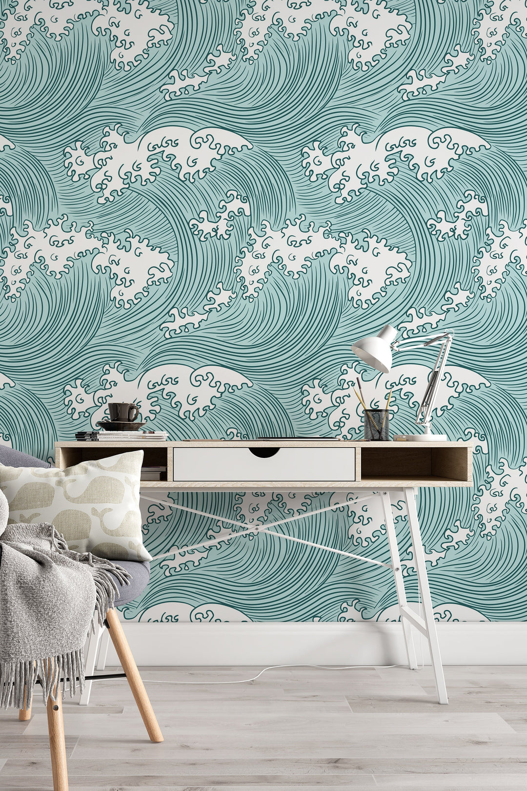 Japanese Ocean Waves Wallpaper White Swirl on green background - Removable Self Adhesive pattern wallpaper #3197