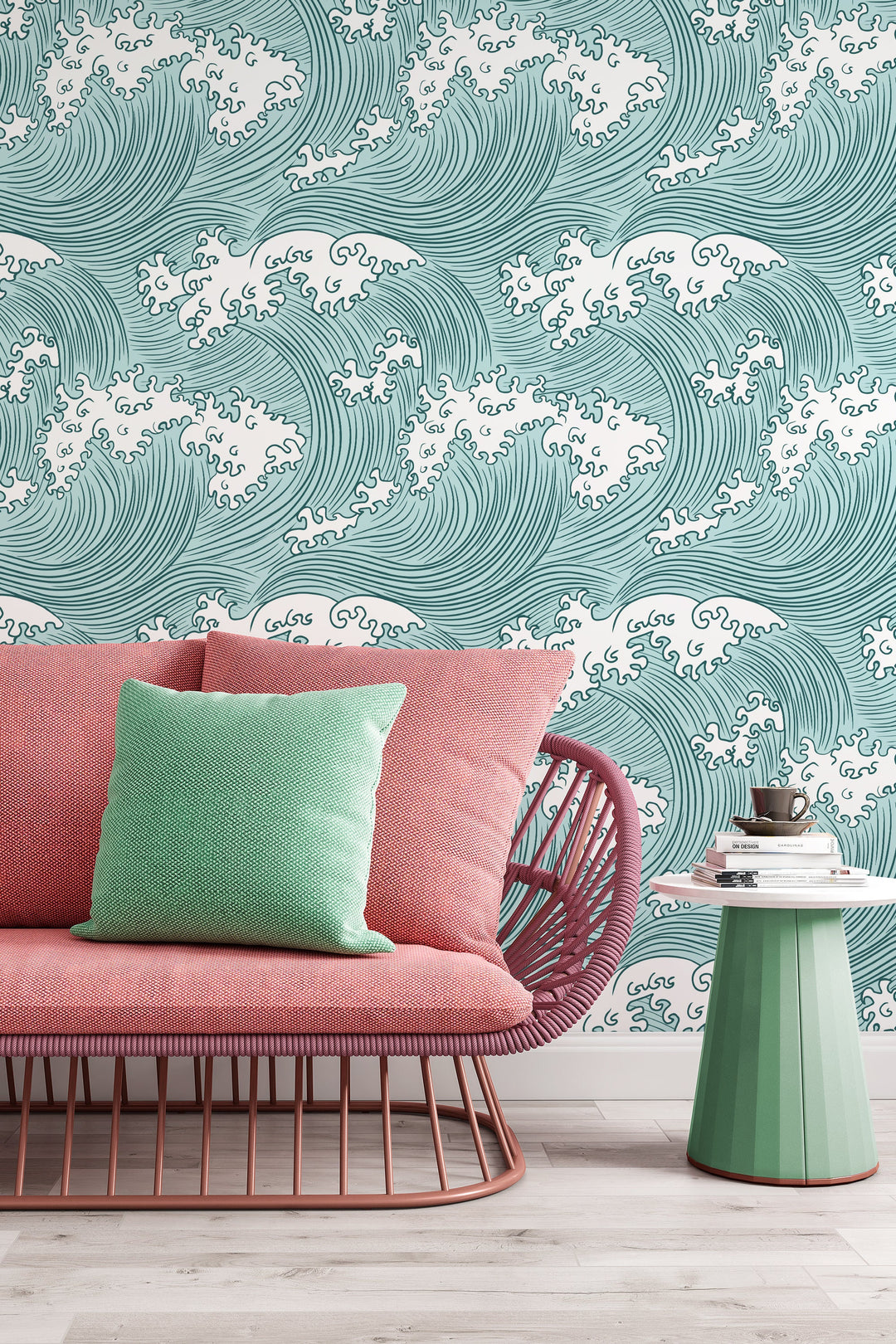 Japanese Ocean Waves Wallpaper White Swirl on green background - Removable Self Adhesive pattern wallpaper #3197