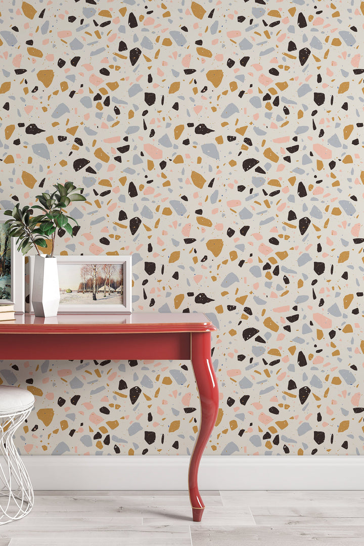 Terrazzo Wallpaper: Terracotta Pink Navy Olive - Abstract