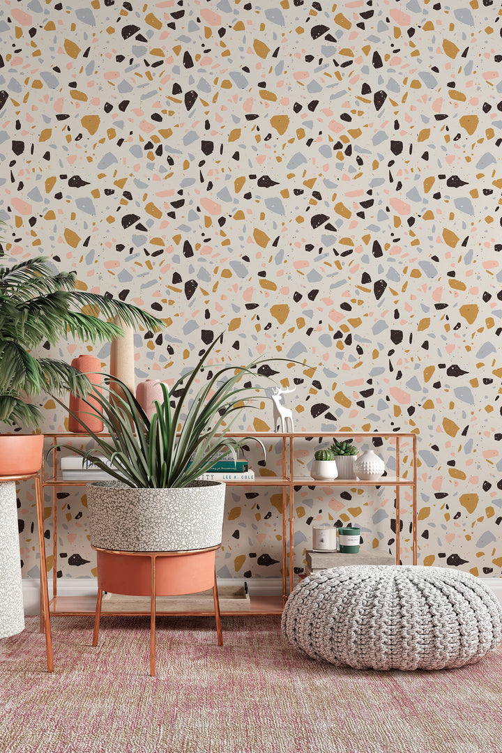 Terrazzo Wallpaper: Terracotta Pink Navy Olive - Abstract