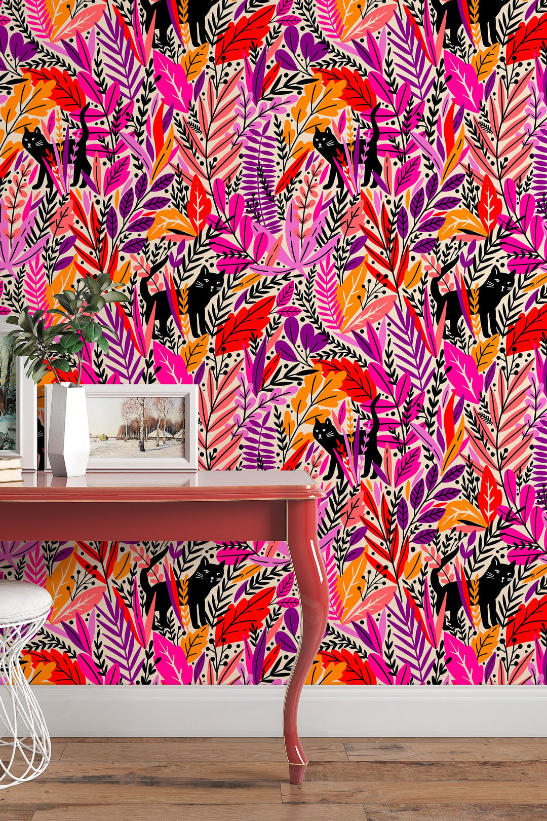 Black Cats in colorful grass  - Peel & Stick - traditional non-woven Wallpaper - Removable Self Adhesive Wallpaper design #3200