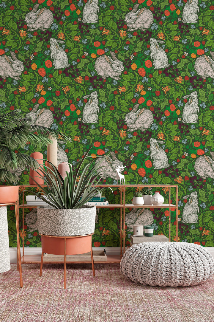 Rabbits in the English backyard - Canvas Peel & Stick Wallpaper - Removable Self Adhesive Wallpaper #3205