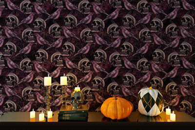 Halloween wallpaper spooky skulls and ravens Peel and Stick, pre-pasted Removable Halloween wall decor design #3168