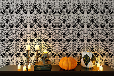 Halloween wallpaper spooky black skulls on white Peel and Stick, pre-pasted Removable Halloween wall decor design #3179