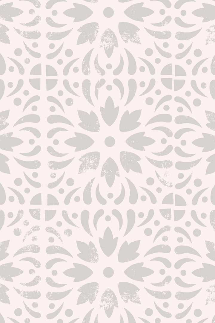 Boho Design gray floral stamps on beige Wallcovering Canvas Peel & Stick  - Removable Self Adhesive wallpaper #3180