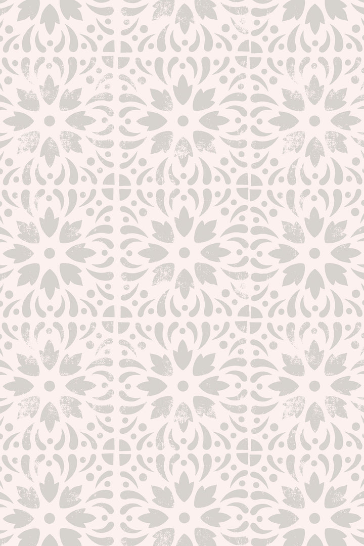 Boho Design gray floral stamps on beige Wallcovering Canvas Peel & Stick  - Removable Self Adhesive wallpaper #3180