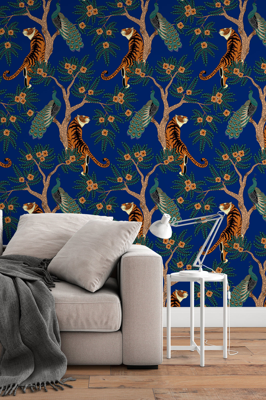 Tiger and Peacock in the woods on blue background - Peel & Stick Wallpaper - Removable Self Adhesive and traditional wallpaper #3182