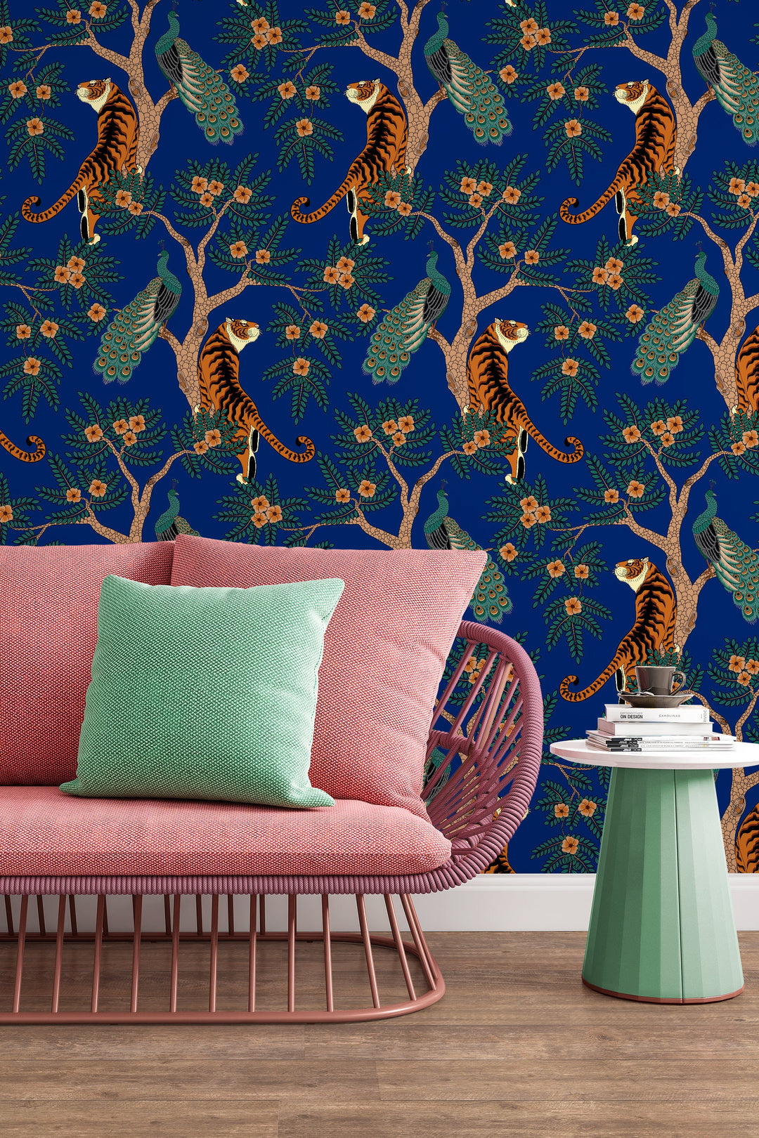 Tiger and Peacock in the woods on blue background - Peel & Stick Wallpaper - Removable Self Adhesive and traditional wallpaper #3182