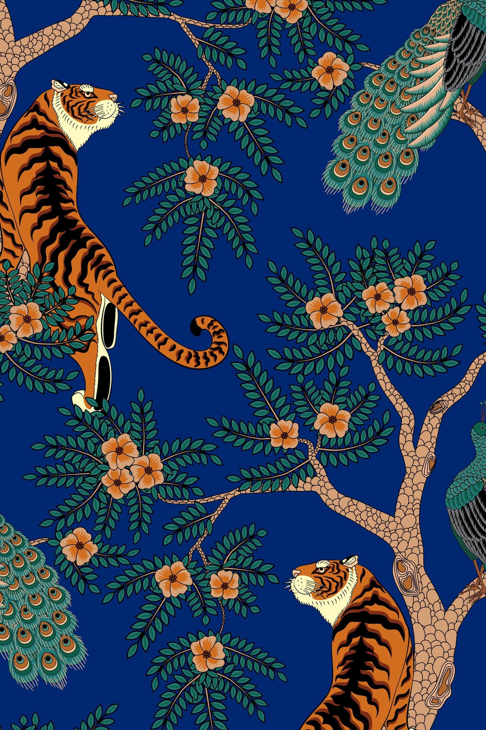 Tiger and Peacock in the woods on blue background - Peel & Stick Wallpaper - Removable Self Adhesive and traditional wallpaper #3182