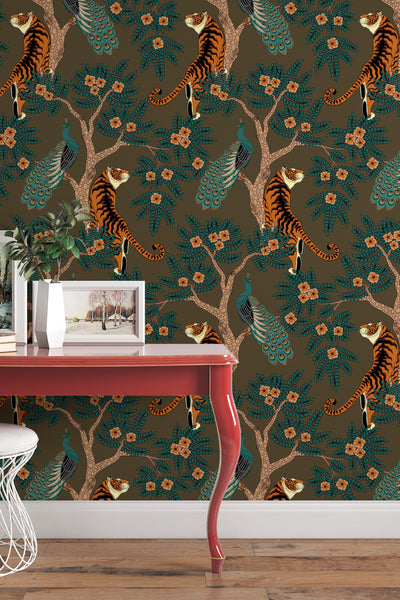 Tiger and Peacock in woods on brown background - Peel & Stick Wallpaper - Removable Self Adhesive and pre-pasted wallpaper #3184