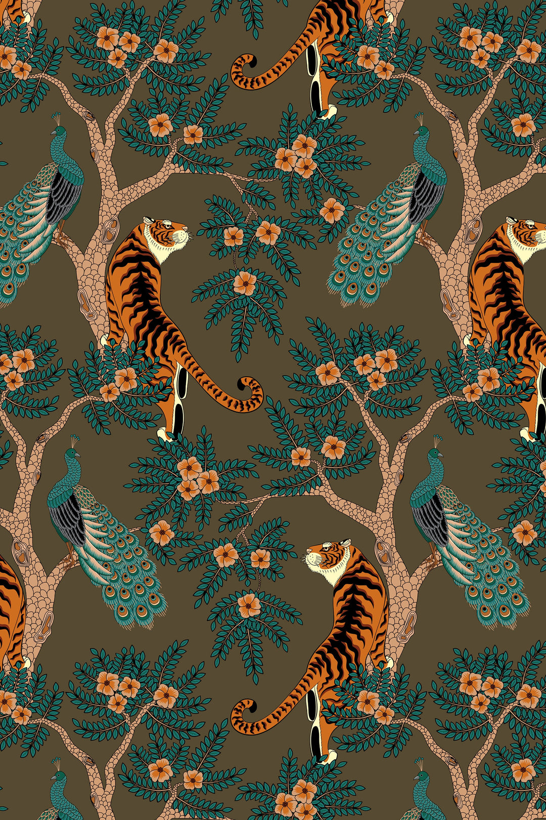 Tiger and Peacock in woods on brown background - Peel & Stick Wallpaper - Removable Self Adhesive and pre-pasted wallpaper #3184