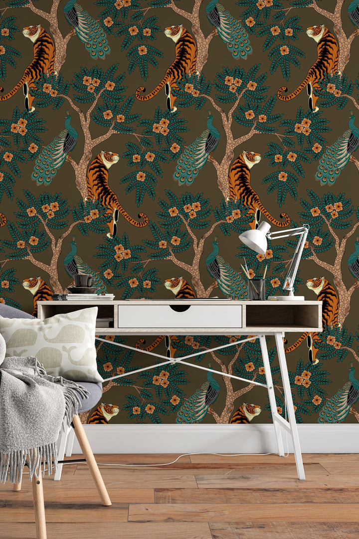 Tiger and Peacock in woods on brown background - Peel & Stick Wallpaper - Removable Self Adhesive and pre-pasted wallpaper #3184