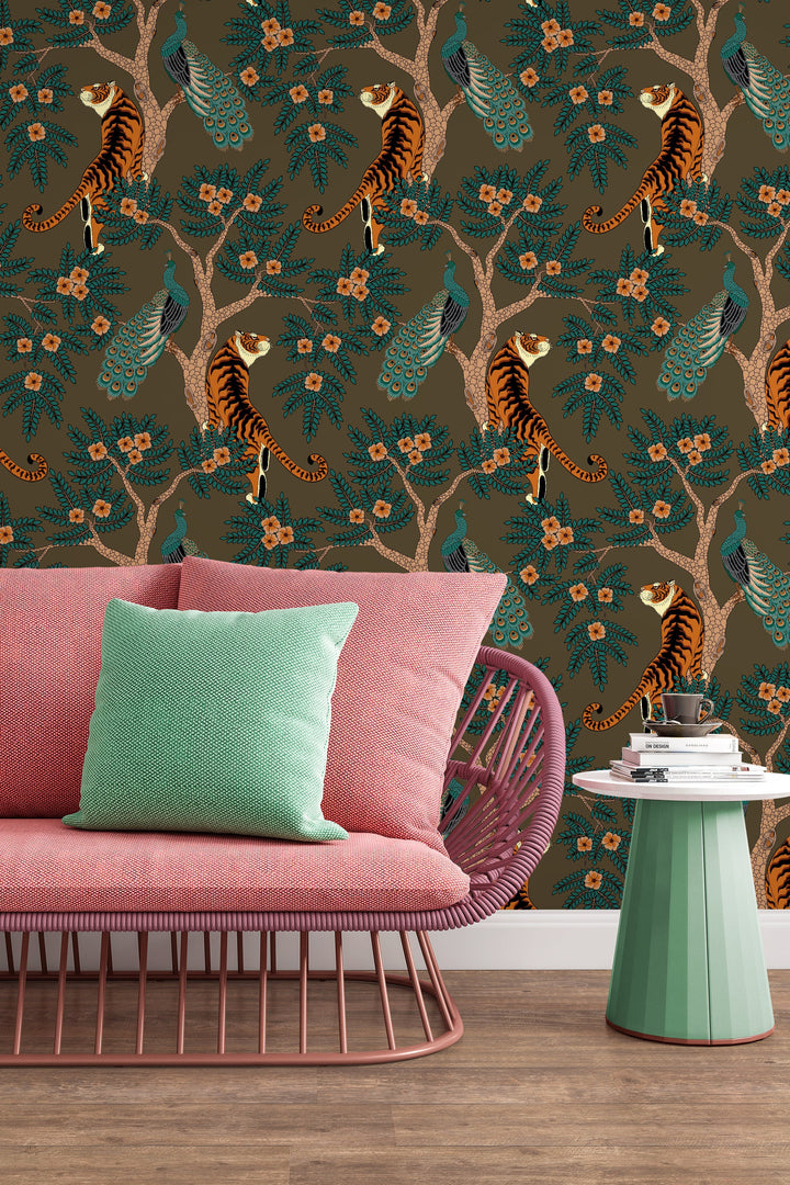 Tiger and Peacock in woods on brown background - Peel & Stick Wallpaper - Removable Self Adhesive and pre-pasted wallpaper #3184