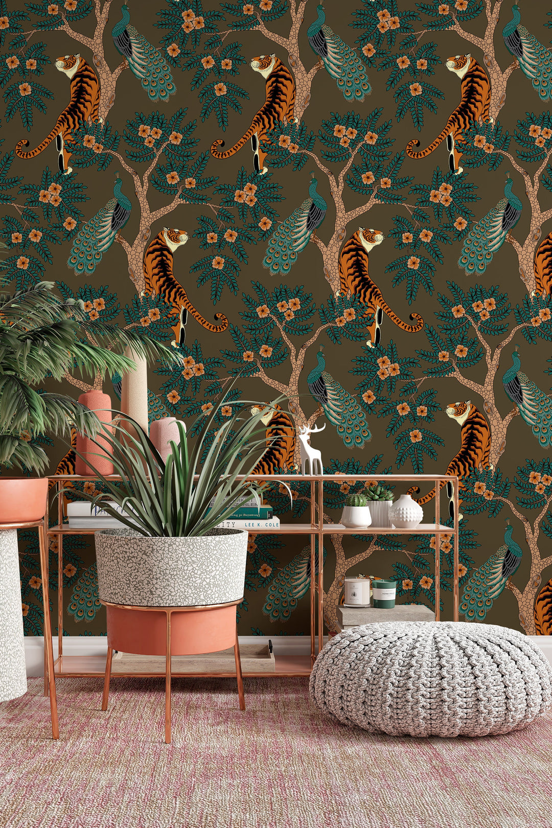 Tiger and Peacock in woods on brown background - Peel & Stick Wallpaper - Removable Self Adhesive and pre-pasted wallpaper #3184