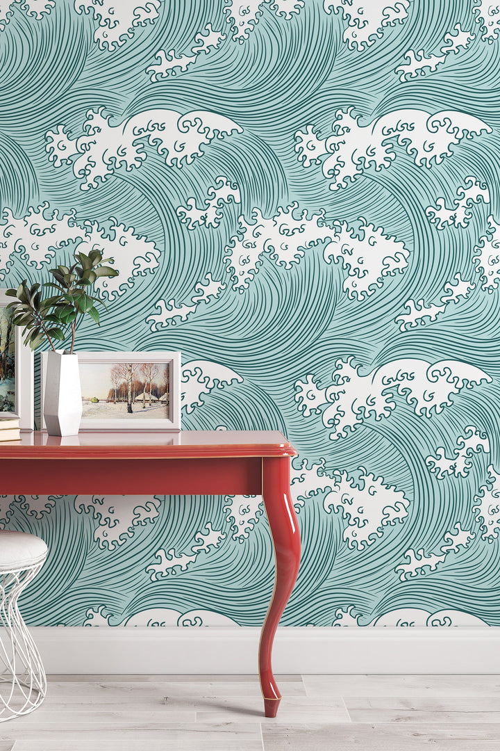 Japanese Ocean Waves Wallpaper White Swirl on green background - Removable Self Adhesive pattern wallpaper #3197