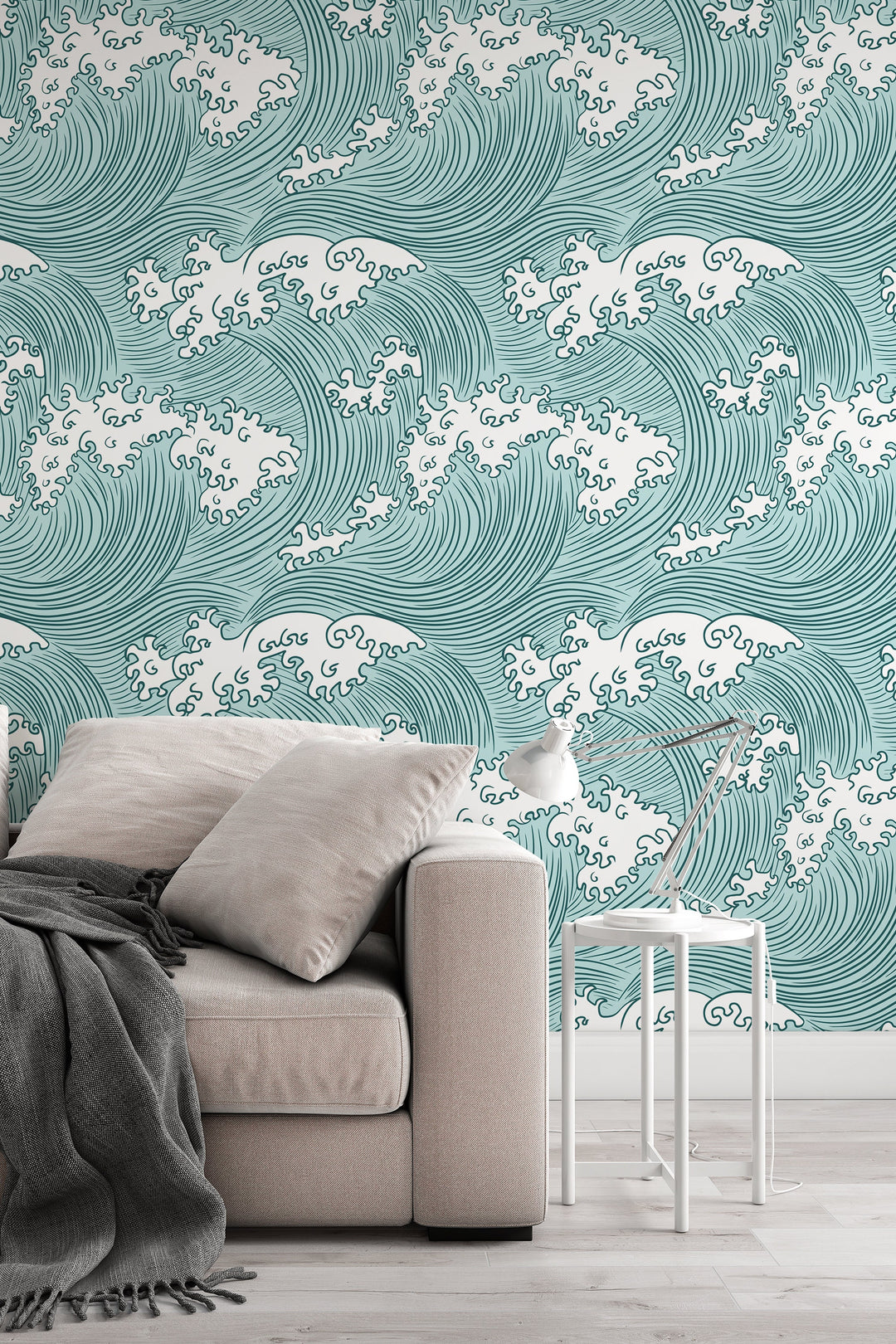 Japanese Ocean Waves Wallpaper White Swirl on green background - Removable Self Adhesive pattern wallpaper #3197