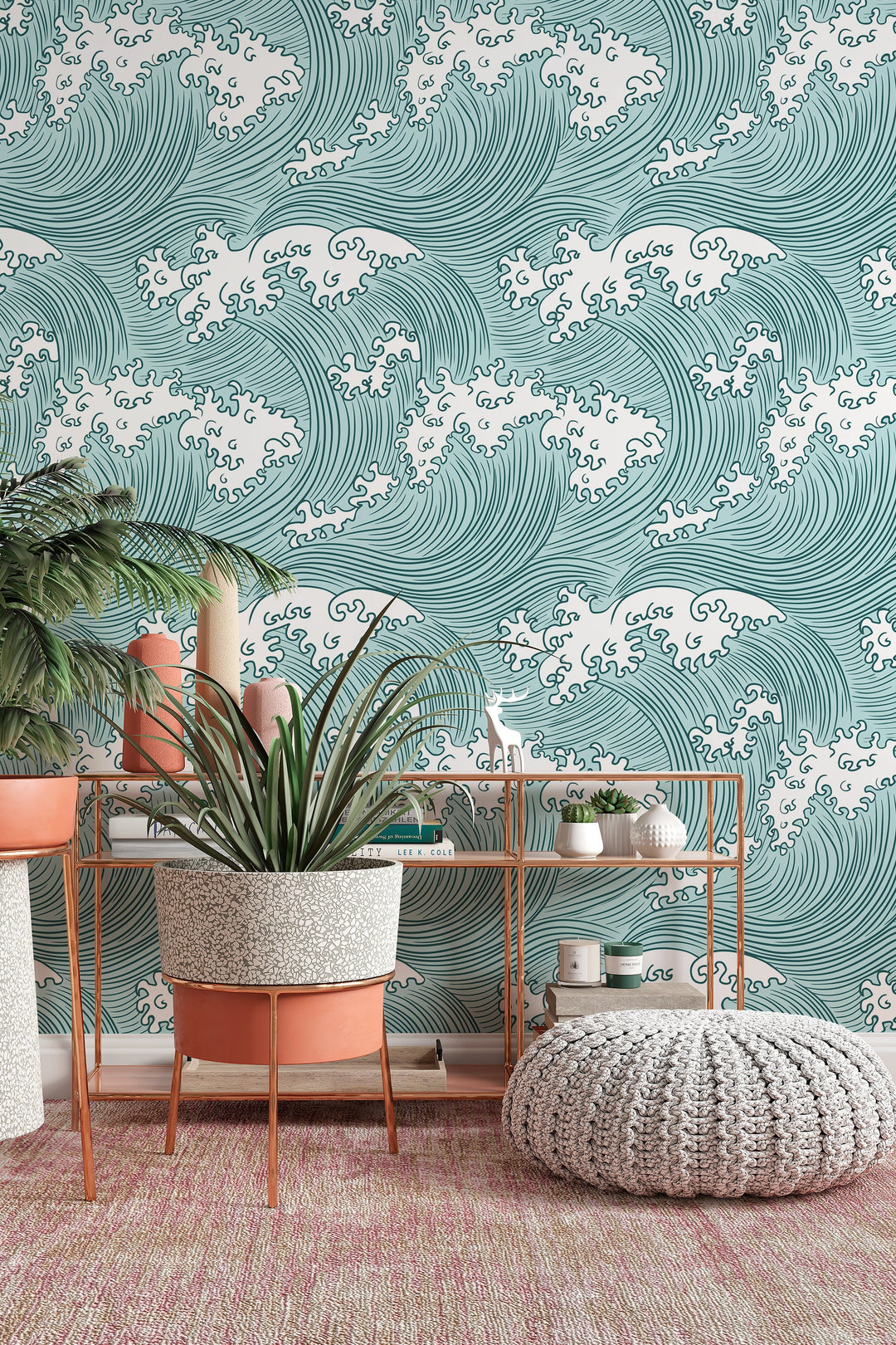 Japanese Ocean Waves Wallpaper White Swirl on green background - Removable Self Adhesive pattern wallpaper #3197