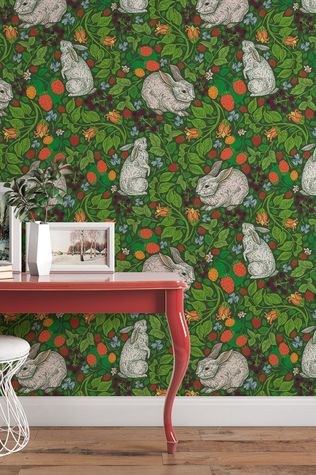 Rabbits in the English backyard - Canvas Peel & Stick Wallpaper - Removable Self Adhesive Wallpaper #3205