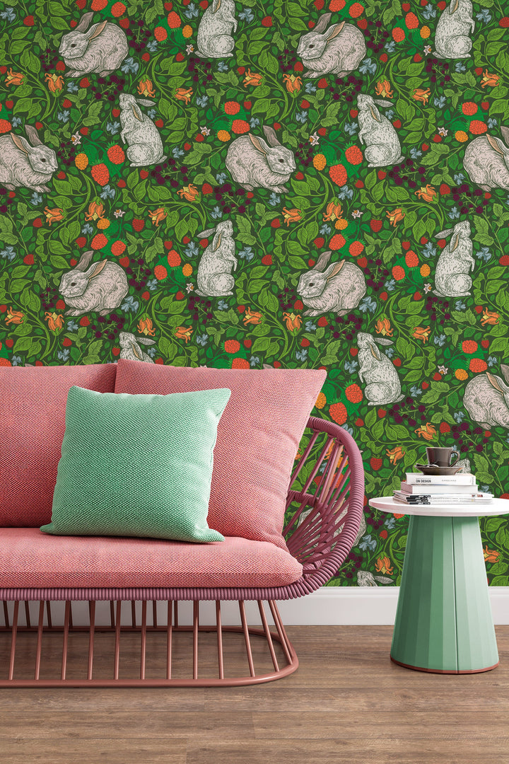 Rabbits in the English backyard - Canvas Peel & Stick Wallpaper - Removable Self Adhesive Wallpaper #3205