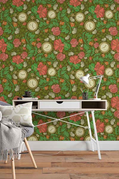 Clocks by flowers Wallcovering - Fabric Peel & Stick Wallpaper - Removable Self Adhesive pattern design#3204