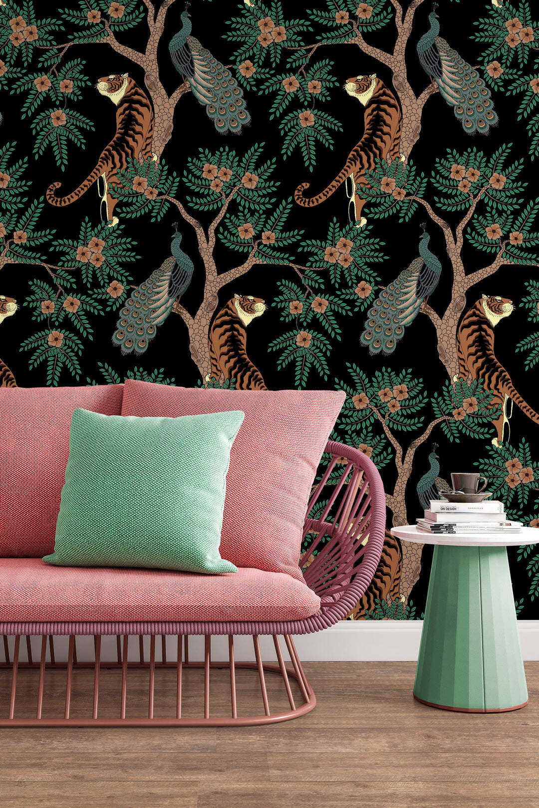 Tiger and Peacock in the woods on the black background - Peel & Stick Wallpaper - Removable Self Adhesive #3212