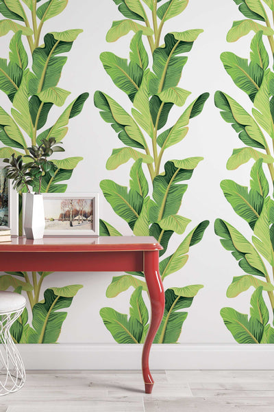 Green Palm leaves on white - Canvas Peel & Stick Wallpaper - Removable Self Adhesive - Traditional Wallpaper #3215
