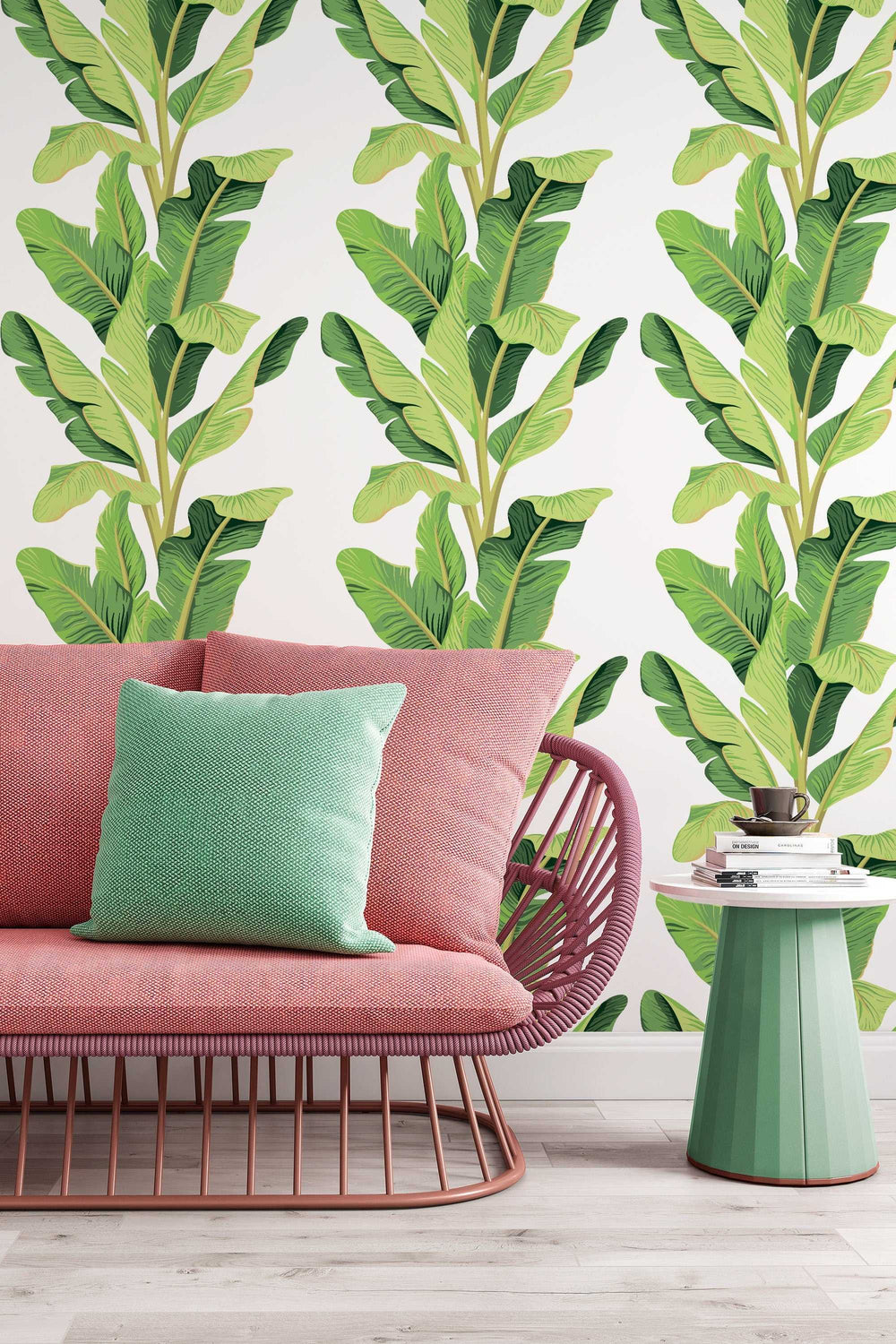 Green Palm leaves on white - Canvas Peel & Stick Wallpaper - Removable Self Adhesive - Traditional Wallpaper #3215