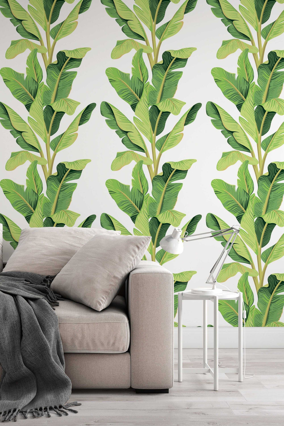 Green Palm leaves on white - Canvas Peel & Stick Wallpaper - Removable Self Adhesive - Traditional Wallpaper #3215