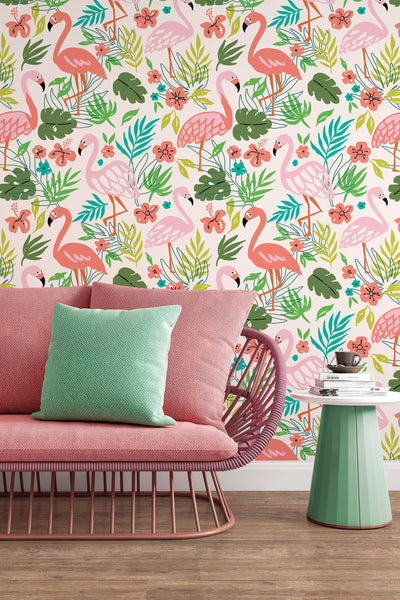 abstract tropical wallpaper, flamingo, leaves, monstera, peel and stick