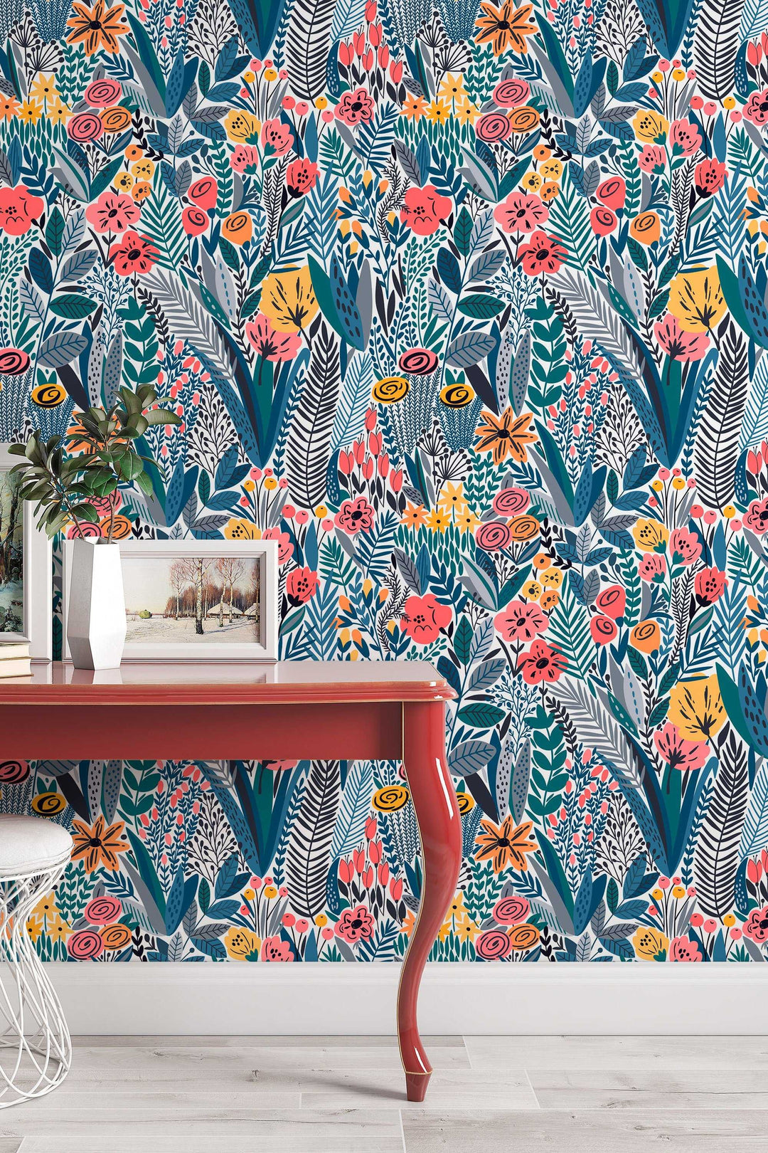 Scandinavian flowers wallpaper - Peel & Stick Wallpaper - Removable Self Adhesive and Traditional wallpaper #3218