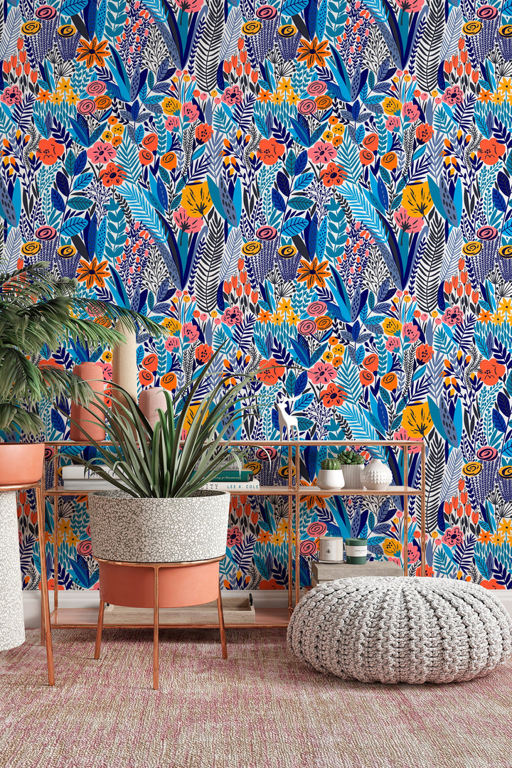 Scandinavian flowers wallpaper - Peel & Stick Wallpaper - Removable Self Adhesive and Traditional wallpaper #3219